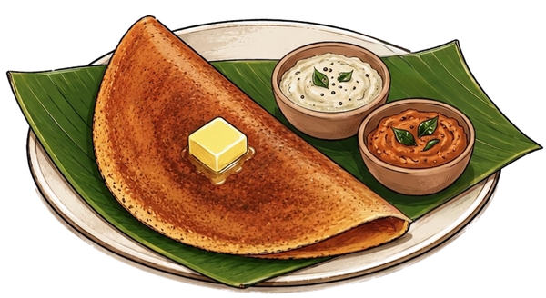 Benne dosa folded on a banana leaf with a cube of butter melting on top, served with coconut and tomato chutney